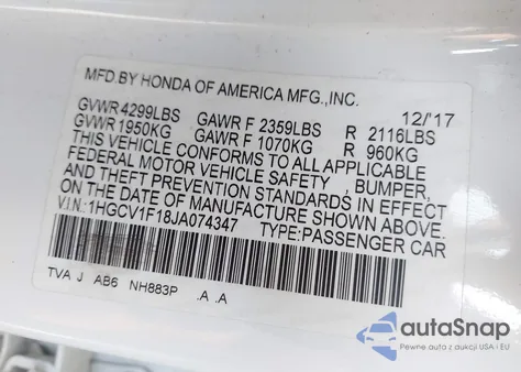 2018 Honda Accord Lx from USA, damaged, VIN 1HGCV1F18JA074347
